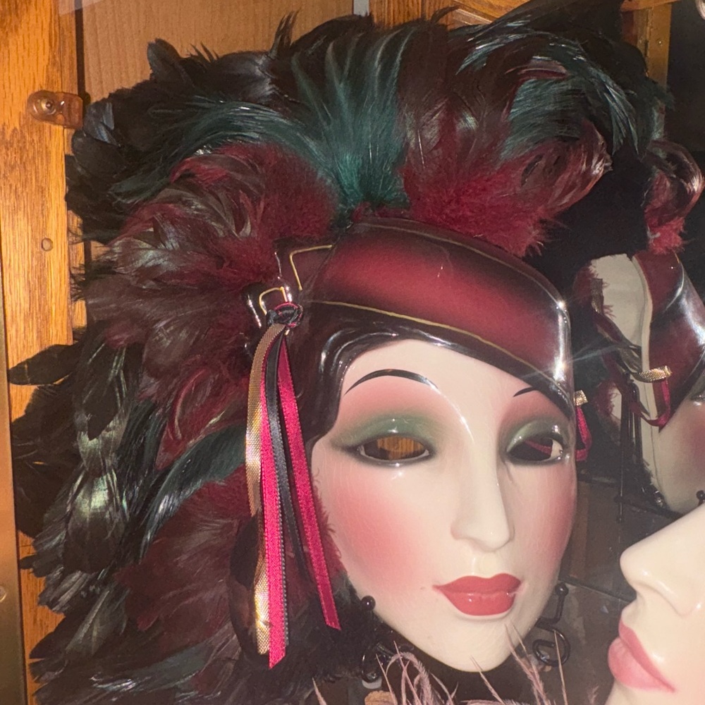 Feathered Masquerade Mask with Burgundy and Teal Accents